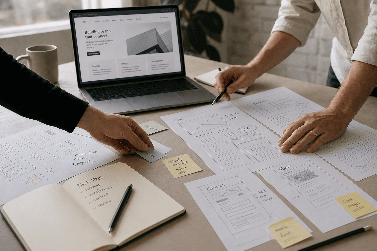 Website strategy and design planning session with annotated page layouts